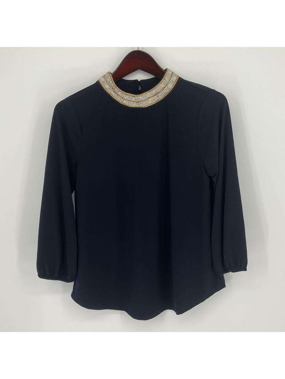 Women's Dark Navy Blue Top Moa Moa Long Sleeve Beaded Collar M Medium Stretch